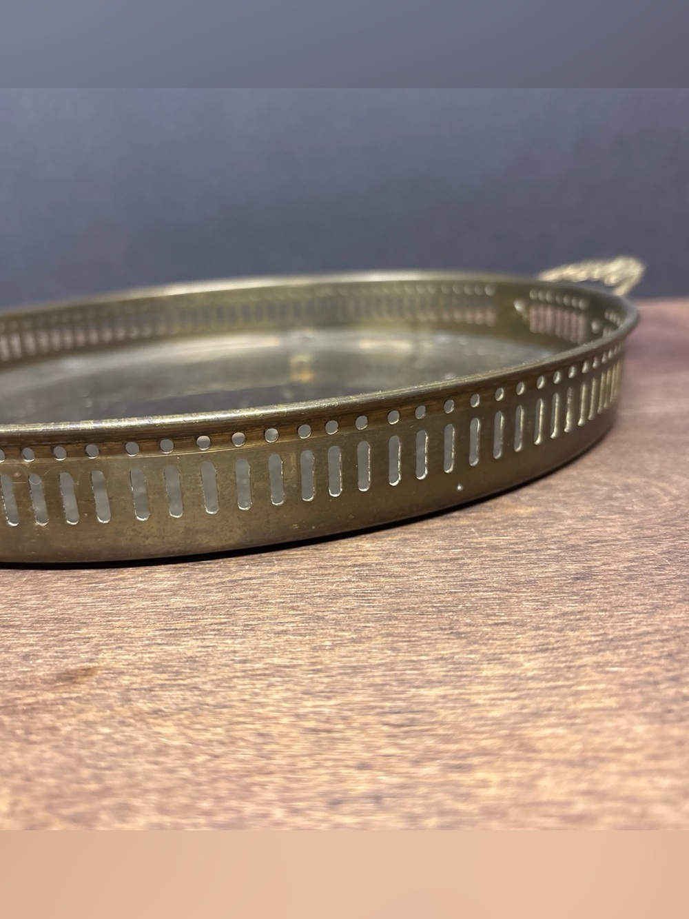 Vintage Brass Serving Tray with Perforated Rim and Handles- Antique Brass Finish - Picture 4 of 4